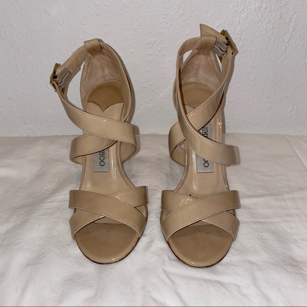 JIMMY CHOO 100MM Lottie Strappy Sandal in Patent Nude size 35.5
